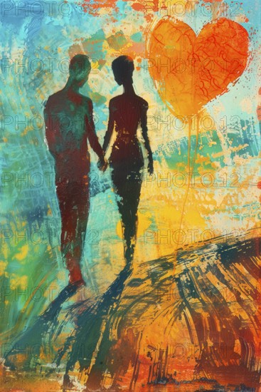 Couple walking hand in hand in a love silhouette, Painting like composition, AI generated