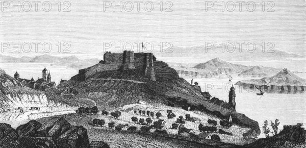 Fort San Giovanni near Sebenico or Šibenik, Croatia, Dalmatian coast, Mediterranean Sea, fortress, hill, mountaintop, islands, mountains, agriculture, fields, wonders of the earth, biology, geography, historical illustration 1863