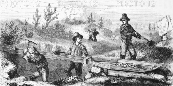 Gold seekers mining, USA, hilly landscape, mineral resources, precious metal, tools, hoe and shovel, river, stones and soil washing, wooden construction, search, dream of wealth, men, work, luck, gold rush, California, factory, building, firs, nature, wonders of the earth, biology, geography, historical illustration 1863