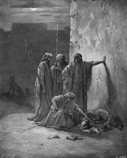 The comrades of Jehus find Jezebel's remains, her skull, feet and hands, Bible, Old Testament, Second Book of Kings, chapter 9, verse 35, murder, remnants, body part, cruel, find, dog, Jehu, send, collect, grief, inhuman, house wall, floor, disgusting, historical illustration