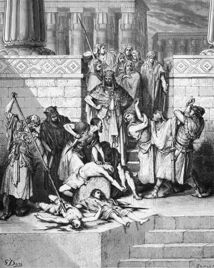 Babylonian King Nebuchadnezzar has King Zidkiah captured, King Zidkiah must watch his sons being slaughtered, Bible, Old Testament, Second Book of Kings, chapter 25, verse 7, death, kill, command, cruelty, knife, spear, warrior, men, slaughter, enemy, war, revenge, feeling, no mercy, hard-hearted, inhumane, watching, Zidekia, Sedekia, in front of temple, historical illustration