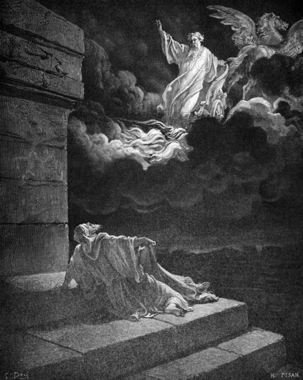 God brings Elijah to heaven, Elijah rides in a chariot of fire, Bible, Old Testament, Second Book of Kings, chapter 2, verse 11, dark sky, steps, sitting, winged horse, raised arm, calling, driving, magnificent chariot, Elias looking up, historical illustration