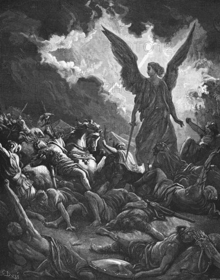 God's criminal judgment, The Angel of the Lord beats the army of the Assyrians, everything is full of corpses in the morning, Bible, Old Testament, Second Book of Kings, chapter 19, verse 35, punishment, dark sky, lightning, sword, fight, dead, die, horses, warriors, judge, historical illustration
