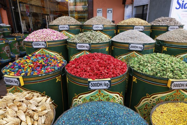 Sales stand selling spices and herbs at a market in Marrakech, historic old town, Medina, UNESCO World Heritage Site, Morocco