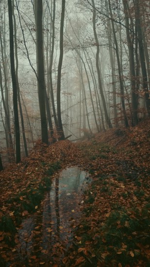 A foggy forest trail in autumn, covered with fallen leaves, creates a mysterious atmosphere, Frankenwald National Park, Upper Franconia, Germany