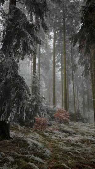 A cloud forest with frost-covered fir trees and a small reddish bush that creates a quiet and mysterious atmosphere, Frankenwald nature park Park, Rennsteig, Upper Franconia