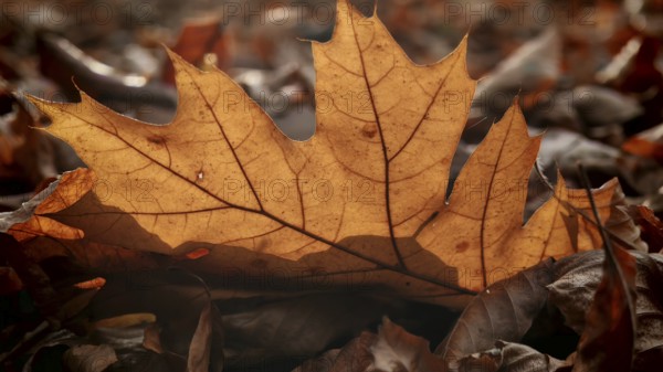 A brown autumn leaf in sunlight on a soil full of more leaves, Franconian Forest National Park, Upper Franconia, Germany