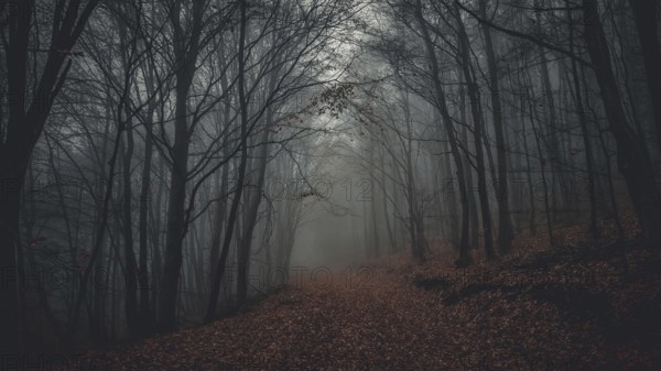 A foggy forest in autumn, with trees and a secluded path that creates a mystical and gloomy atmosphere, Frankenwald National Park, Upper Franconia, Germany