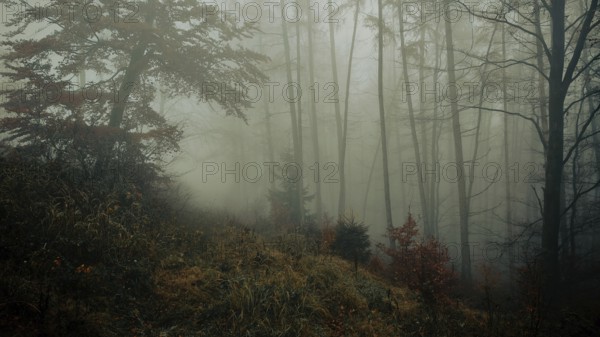 A mystical, foggy forest with autumn leaves and thick trees, which radiates a calm and gloomy atmosphere, Frankenwald nature park Park, Upper Franconia, Germany