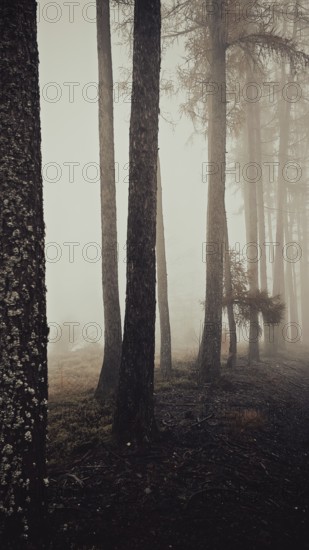 Blurry trees in fog create a mystical and tranquil forest atmosphere, Frankenwald nature park Park, Upper Franconia, Germany
