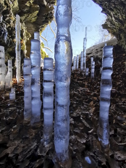 Ice stalagmites, icicles, cave, Frankenwaldsteigla, hiking trail, Frankenwald nature park Park, Upper Franconia, Bavaria, Germany