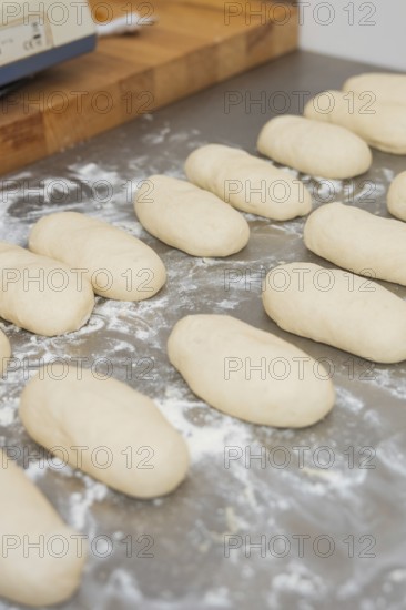 Several unbaked dough pieces for baguettes lie on a floured surface, bake rolls, Haselstaller Hof, Gechingen, Germany