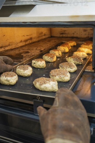 Rolls with linseeds on a sheet in the oven are baked, rolls are baked, Haselstaller Hof, Gechingen, Germany