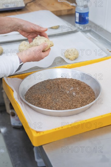 Person molding dough pieces with hands on a yellow tray in a kitchen, baking rolls, Haselstaller Hof, Gechingen, Germany