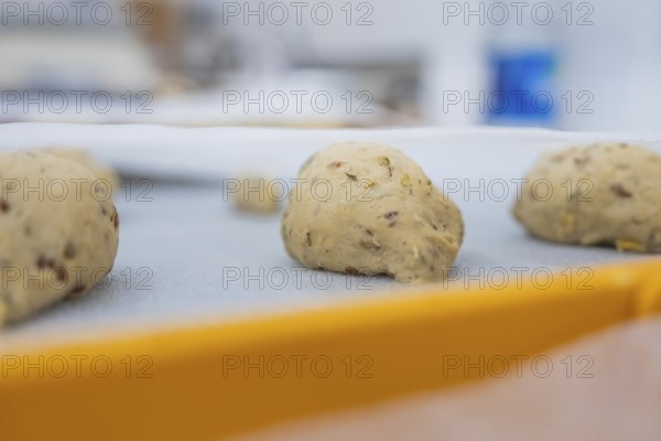 Close-up of unbaked dough pieces on a yellow tray, kitchen, baking rolls, Haselstaller Hof, Gechingen, Germany