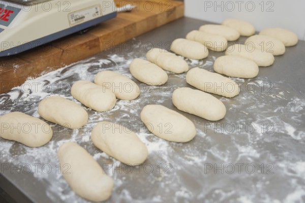 Rollbread dough pieces on flour-dusted table, ready for baking, baking rolls, Haselstaller Hof, Gechingen, Germany