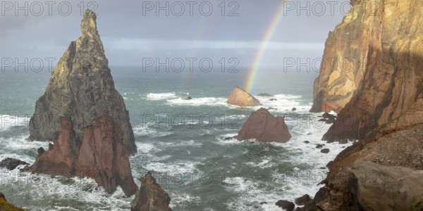 Sunset, rainbow at sea, volcanic peninsula, Ponta de São Lourenço, Ponta de Sao Lourenco, rocky coast, Punta de San Lorenzo, Madeira, Portugal