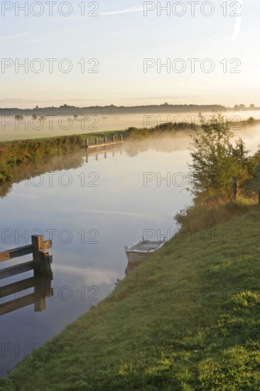 Westerende, foggy morning, lowlands, Ems-Jade Canal, East Frisia, Germany