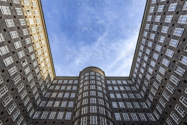 View of the sky in the courtyard of the Chilehaus in the Kontorhausviertel, Hamburg, Germany
