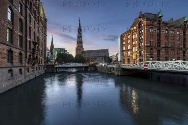 St. Katharinen's main church at the blue hour, Speicherstadt, Hamburg, Germany