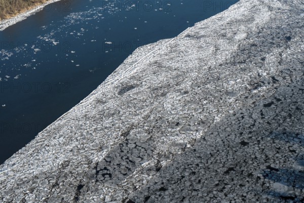 Ice, water, river, Elbe, ice floe, pancake ice cream, many, aerial view, Schleswig-Holstein, Lower Saxony, Germany