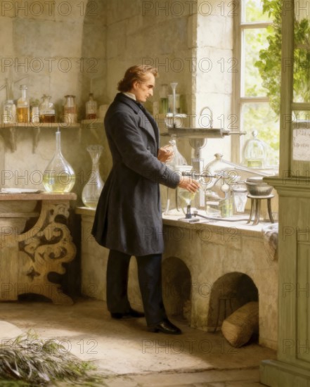 Justus Freiherr von Liebig, German chemist and scientist, digitally edited, in his laboratory at Gießen, Hesse, Germany