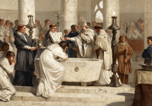 Baptism of Clovis by Saint Remigius, cathedral of Reims, 496, Clovis, Chlodovechus, Chlodwig I, Chlodowech, 466-511, King of the Franks of the Merovingian dynasty