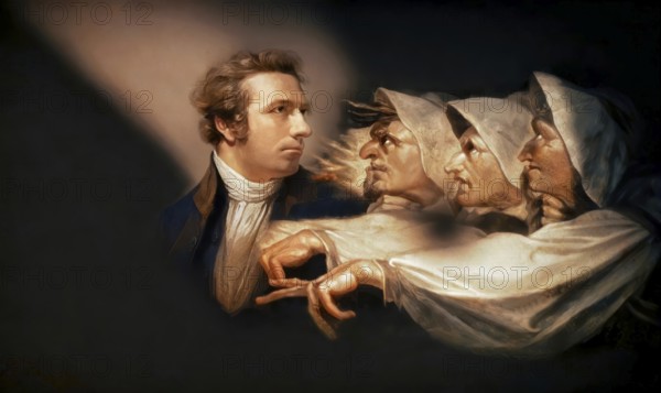 Henry Fuseli or Johann Heinrich Füssli, 1741 – 1825, Swiss painter, draughtsman and writer, digitally edited after Northcote, 1778, Prophecy from the witches, scene from The Tragedy of Macbeth by William Shakespeare