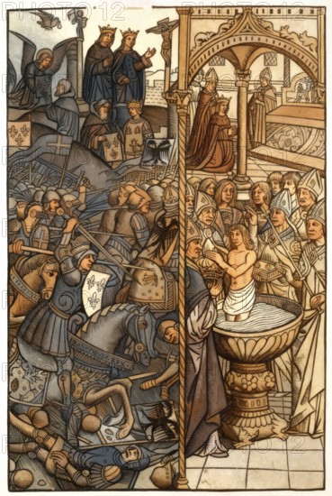 Clovis, Chlodovechus, Chlodwig I, Chlodowech, 466-511, King of the Franks of the Merovingian dynasty, at the Battle of Tolbiac, and his Baptism by Saint Remigius, cathedral of Reims, 496
