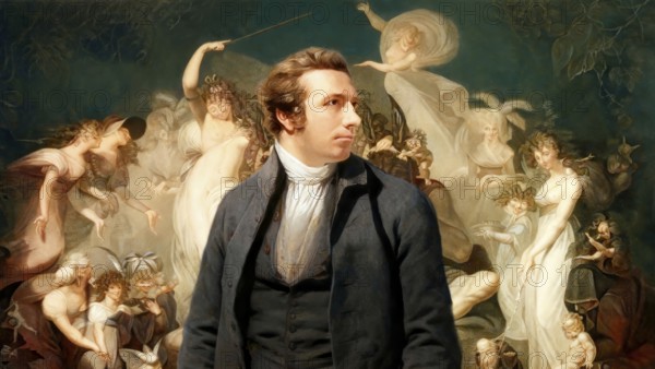 Henry Fuseli or Johann Heinrich Füssli, 1741 – 1825, Swiss painter, draughtsman and writer, digitally edited after Northcote, 1778, Titania and Bottom, scene from Midsummer Nights Dream, by William Shakespeare