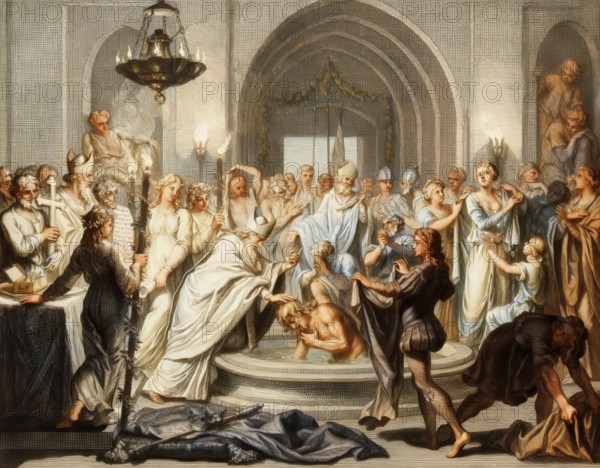 Baptism of Clovis by Saint Remigius, cathedral of Reims, 496, Clovis, Chlodovechus, Chlodwig I, Chlodowech, 466-511, King of the Franks of the Merovingian dynasty