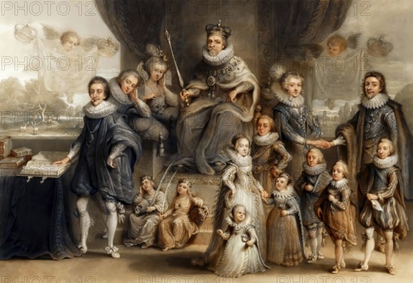 James VI and I, James Charles Stuart, 1566 – 1625, King of England, with his family and his Royal Progeny, together with Mother Anna, brother Hendrik Frederik, sisters Maria and Sophia, Elizabeth Stuart, Frederik V of the Palatinate, children, digitally edited
