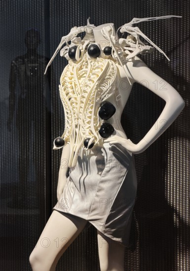 Spider-dress, eccentric, spider-like ecoskeleton as a white dress with AI and defense technology for woman with biofeedback, smart clothing, exhibition, history of the future, Germany