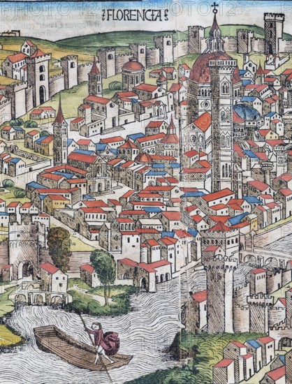 Old town of Florence or Florencia with river Arno, Florence Cathedral or Duomo di Firenze, colored woodcut from: Nuremberg Chronicle or Schedel World Chronicle, Hartmann Schedel 1493