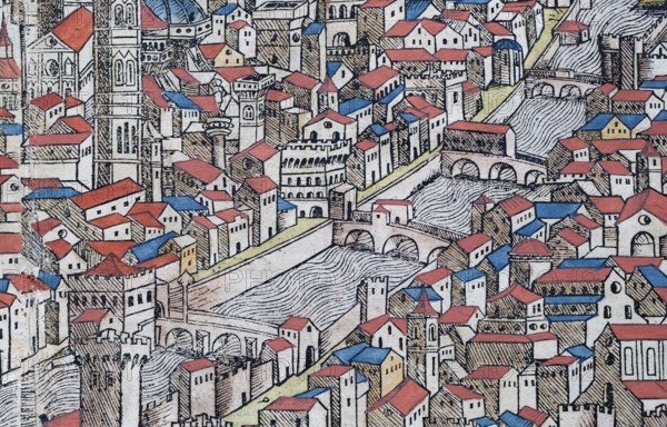 Old town of Florence or Florencia with river Arno, colored woodcut from: Nuremberg Chronicle or Schedel World Chronicle, Hartmann Schedel 1493