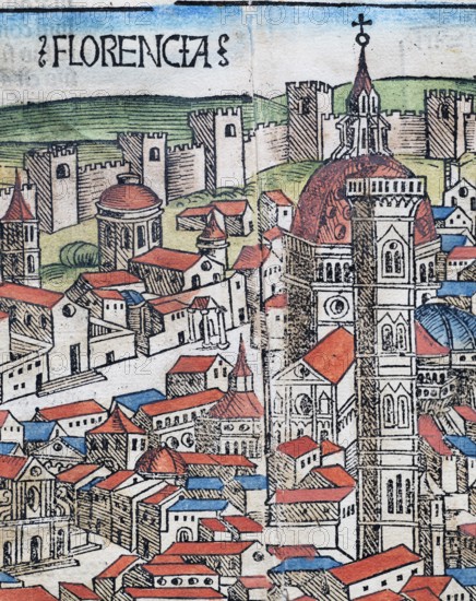 Old Town of Florence or Florencia, Florence Cathedral or Duomo di Firenze, colored woodcut from: Nuremberg Chronicle or Schedel World Chronicle, Hartmann Schedel 1493