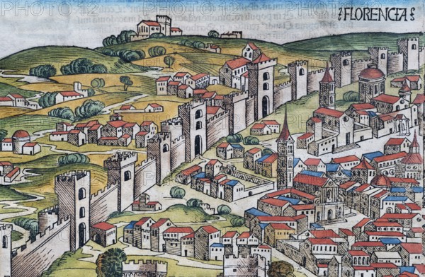 City wall of Florence or Florencia, colored woodcut from: Nuremberg Chronicle or Schedel's World Chronicle, Hartmann Schedel 1493