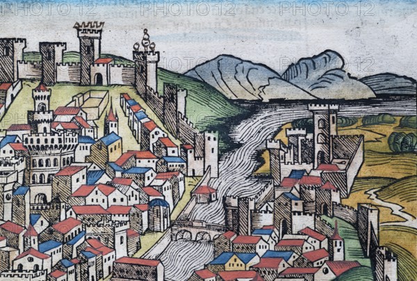 Detail of the old town of Florence or Florencia with the river Arno, colored woodcut from: Nuremberg Chronicle or Schedel World Chronicle, Hartmann Schedel 1493