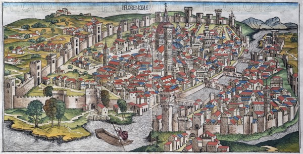 Old town of Florence or Florencia with river Arno, Florence Cathedral or Duomo di Firenze, colored woodcut from: Nuremberg Chronicle or Schedel World Chronicle, Hartmann Schedel 1493