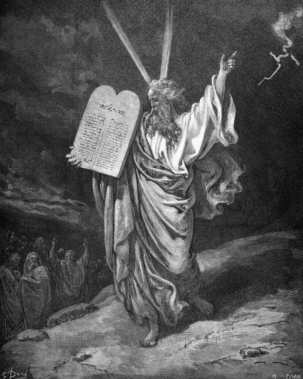 Moses descends from Mount Sinai, story, exodus, second book of Moses, chapter 19, verse 25, Bible, Old Testament, tablet, index finger raised, rays of light, dark sky, people, historical illustration based on Gustave Doré around 1880
