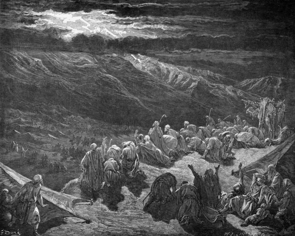The third day on Mount Sinai, story, exodus, Second Book of Moses, chapter 19, verse 16, Bible, Old Testament, dark sky, darkness, lightning, people waiting, crowd, expectation, curiosity, impatience, arms raised, camel, tent, mountain landscape, sound of a ram's horn, historical illustration based on Gustave Doré around 1880