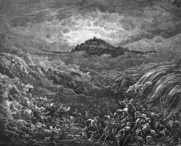 Sinking of the pharaoh in the red sea, story, exodus, second book of Genesis, chapter 14, verse 28, Bible, Old Testament, Egypt, Red Sea, rider, army, drowning, death, misery, Mount Sinai, fall, tidal wave, water falls, God, wrath, historical illustration after Gustave Doré around 1880