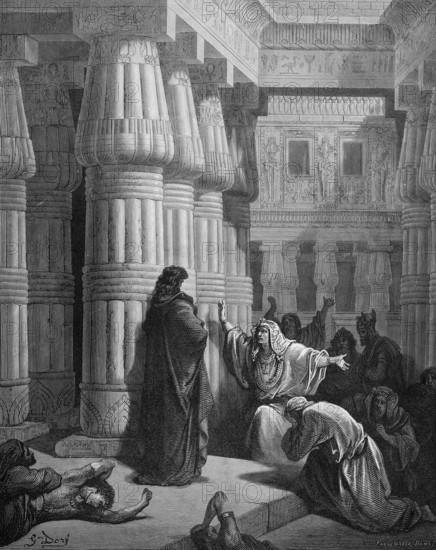 Pharaoh tells Moses to leave Egypt, story, exodus, Second Book of Moses, chapter 12, verse 31, Bible, Old Testament, palace, temple, pillars, decorations, kneel down, Aaron, Israelites, command, mercy, incomprehension, despair, reprimand, emigrate, historical illustration after Gustave Doré around 1880