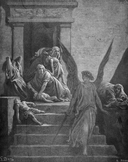 The Egyptian plagues, strangling of the firstborn, story, exodus, Second Book of Moses, chapter 12, verse 29, Bible, Old Testament, tenth plague, God kills the firstborn in Egypt, son of Pharaoh, cruelty, murder, death, stairs, mothers, grief, cry, protect, destroy, God, command, angel with sword, historical illustration based on Gustave Doré around 1880