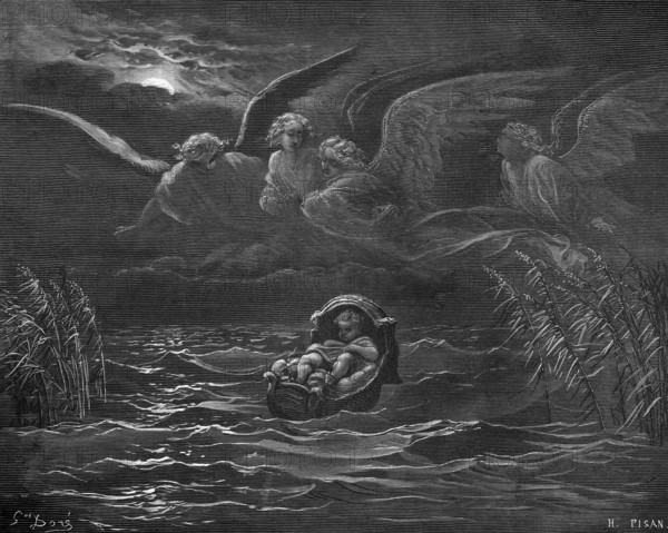 Moses suspension in reeds on the banks of the Nile, story, exodus, second book of Moses, chapter 2, verse 3, Bible, Old Testament, suspend, leave, basket of papyrus, swimming, baby, guardian angel in heaven, waves, wind, drift, hiding, lonely, motherly love, hardship, historical illustration based on Gustave Doré around 1880