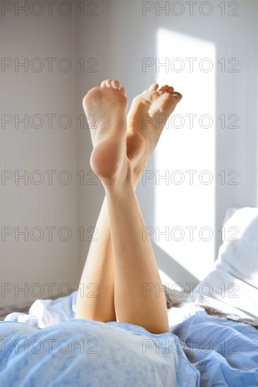 Crossed barefoot female legs on a bed. The legs raised in the air. Light comes in through a window, illuminating the feet. The setting is a home during a bright morning