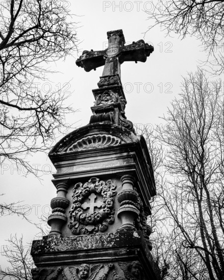 Gothic grave monument with cross in front of bare, wintery trees, black and white photograph, old cemetery, Radolfzell am Lake Constance, district of Konstanz, Baden-Württemberg, Germany