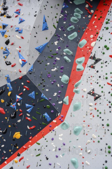 Colourful climbing wall with various grips and levels of difficulty, Radolfzell am Lake Constance, Konstanz district, Baden-Württemberg, Germany