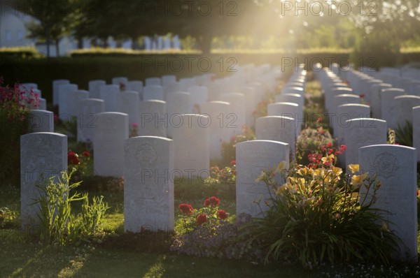 Tombstones, war graves, military graves, flowers, British and German military cemetery, Cimetière militaire britannique, D-Day, Operation Overlord, back light, atmospheric, evening light, Bayeux, Normandy, Calvados, France
