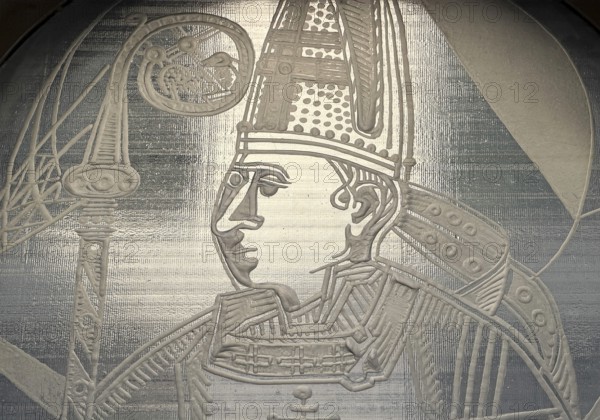 Motif of a bishop by Josefthomas Brinkschröder, glass window in the town hall of the city of Paderborn, North Rhine-Westphalia, Germany